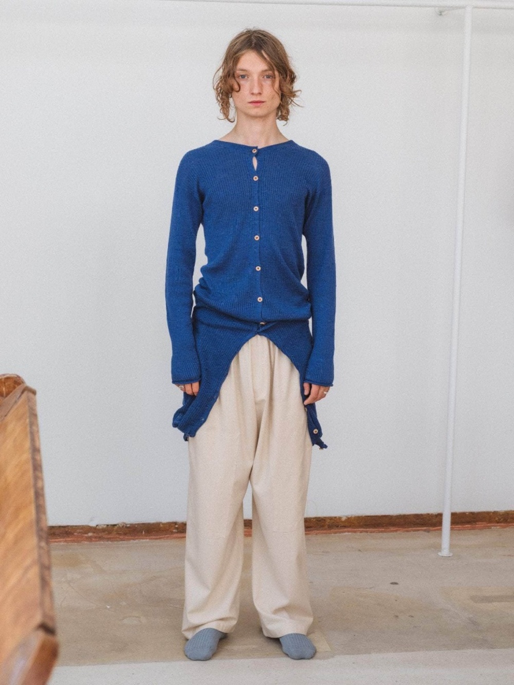 BASERANGE Drip Cardigan | Linen Seacell Rib |  MEZ BLUE / Size L